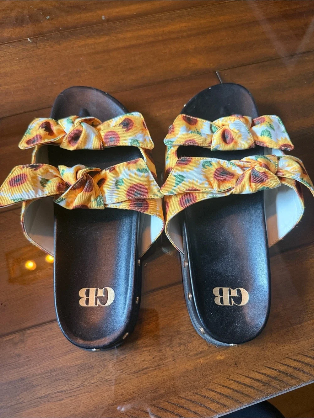 Gianni Bini Black Sandal with Yellow Sunflower Print Bows